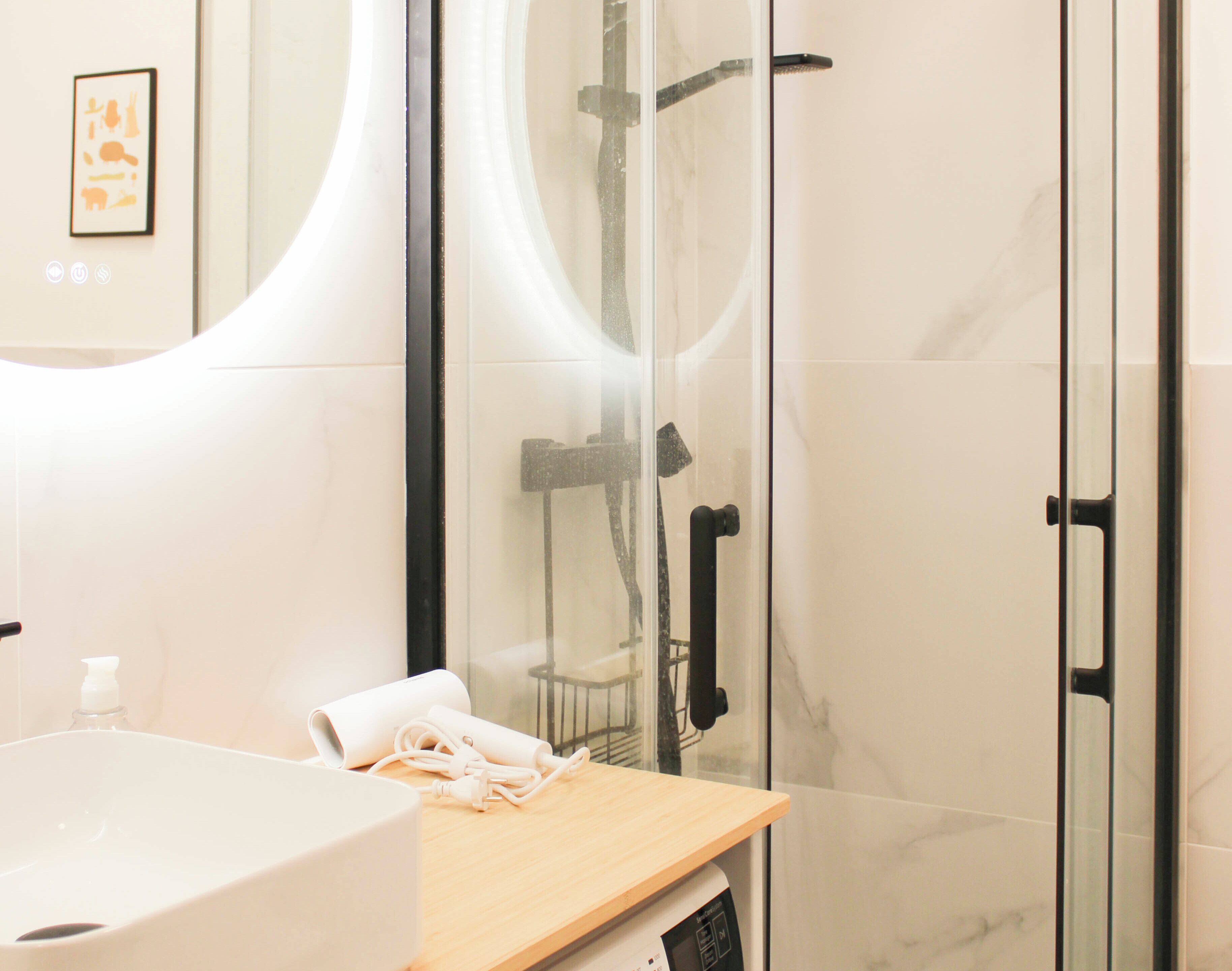 Shower, hair dryer, towels