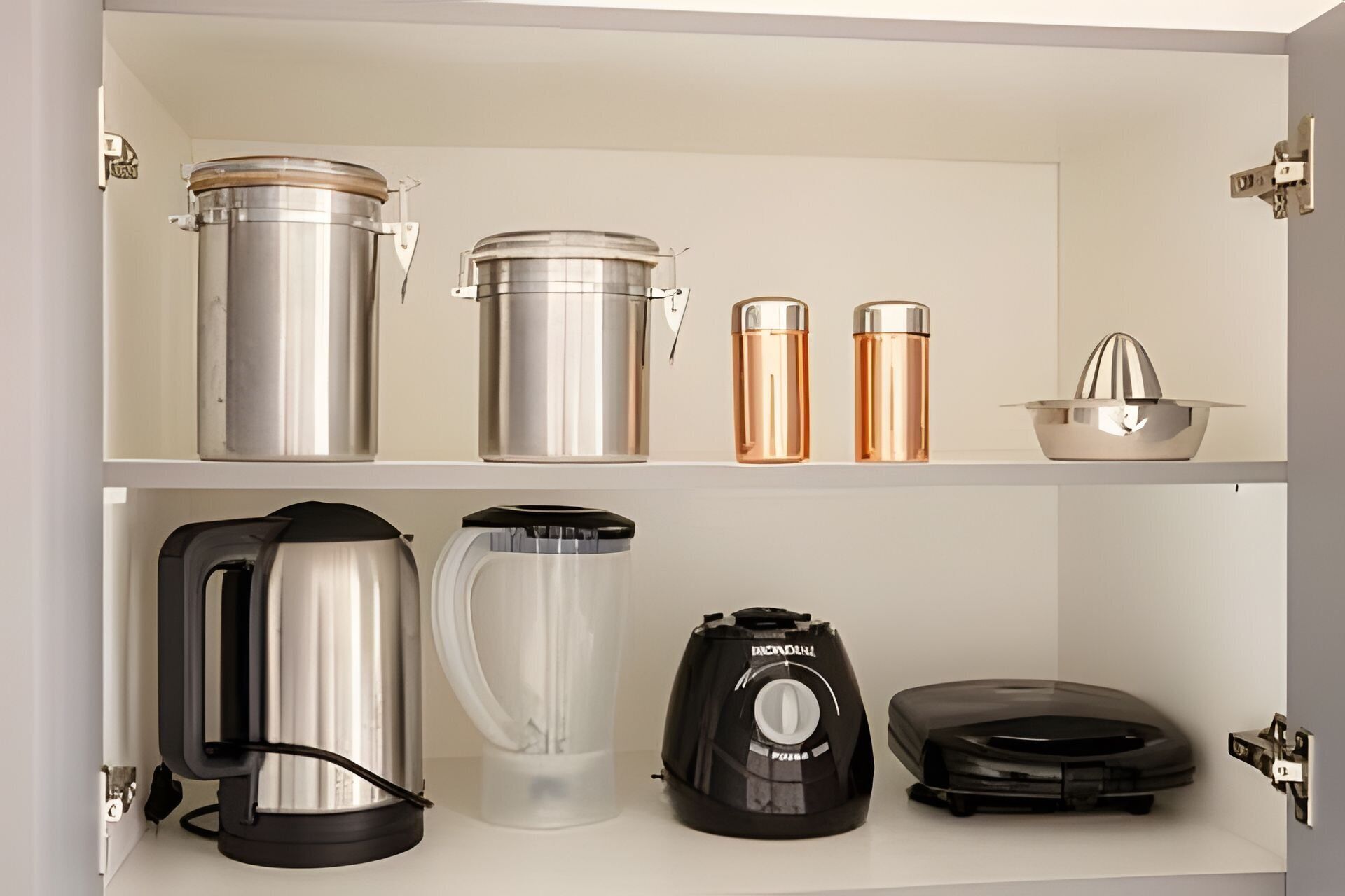 A kitchen shelf with stainless steel and copper kitchenware, a coffee maker, and a juicer.