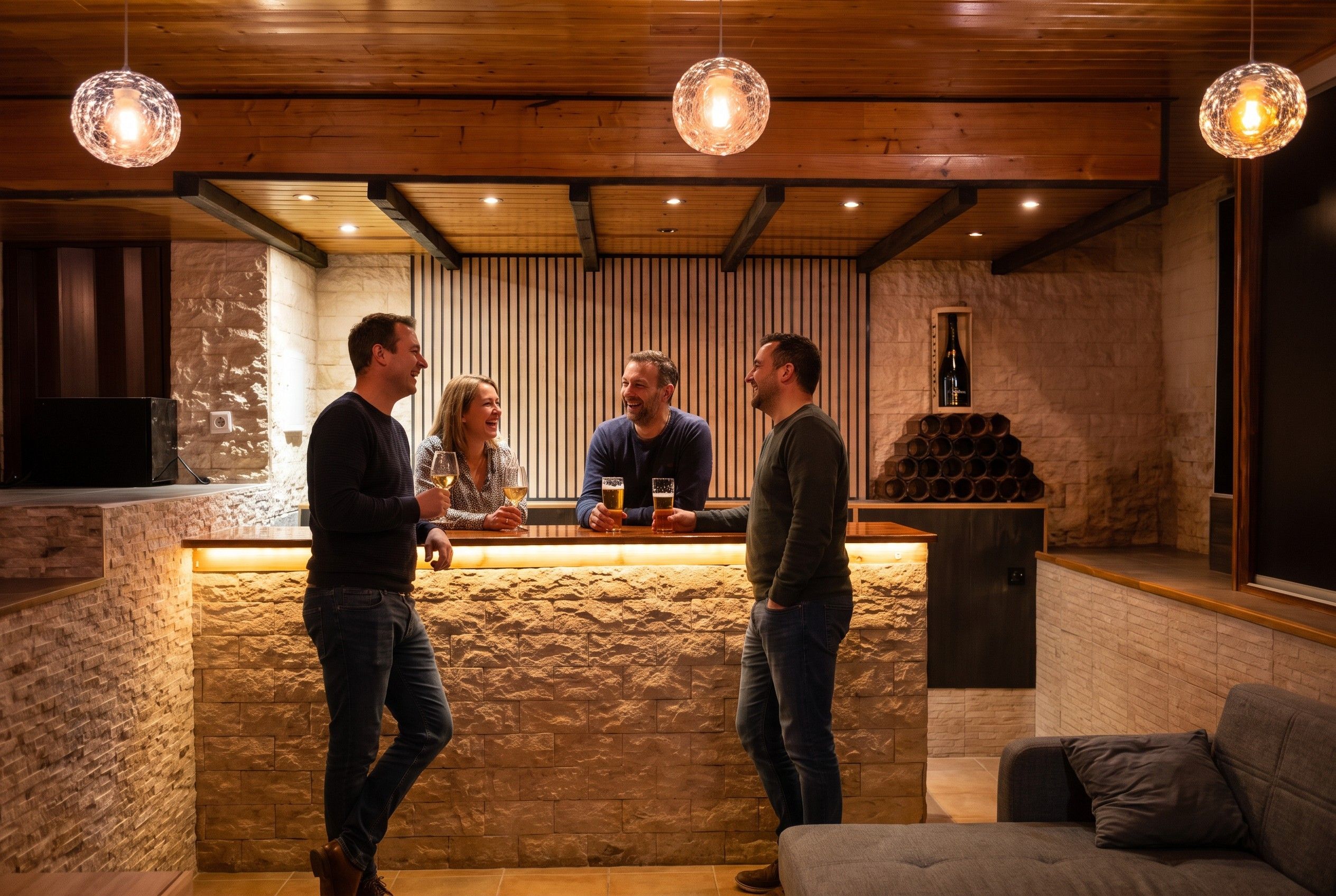 A bar area with a stone wall, wooden ceiling, and hanging pendant lights.