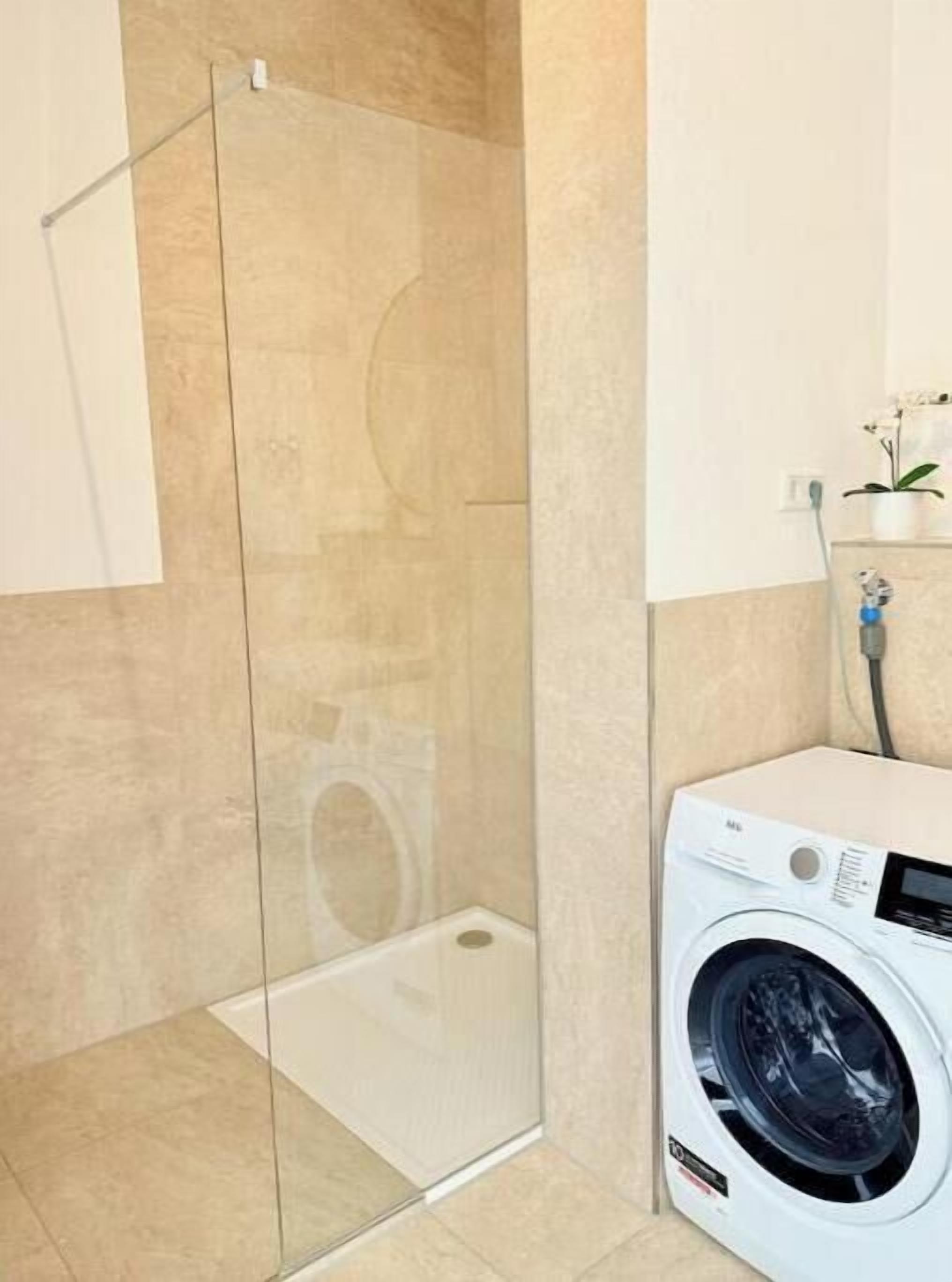 Un baño con ducha de vidrio, lavadora y planta en maceta.