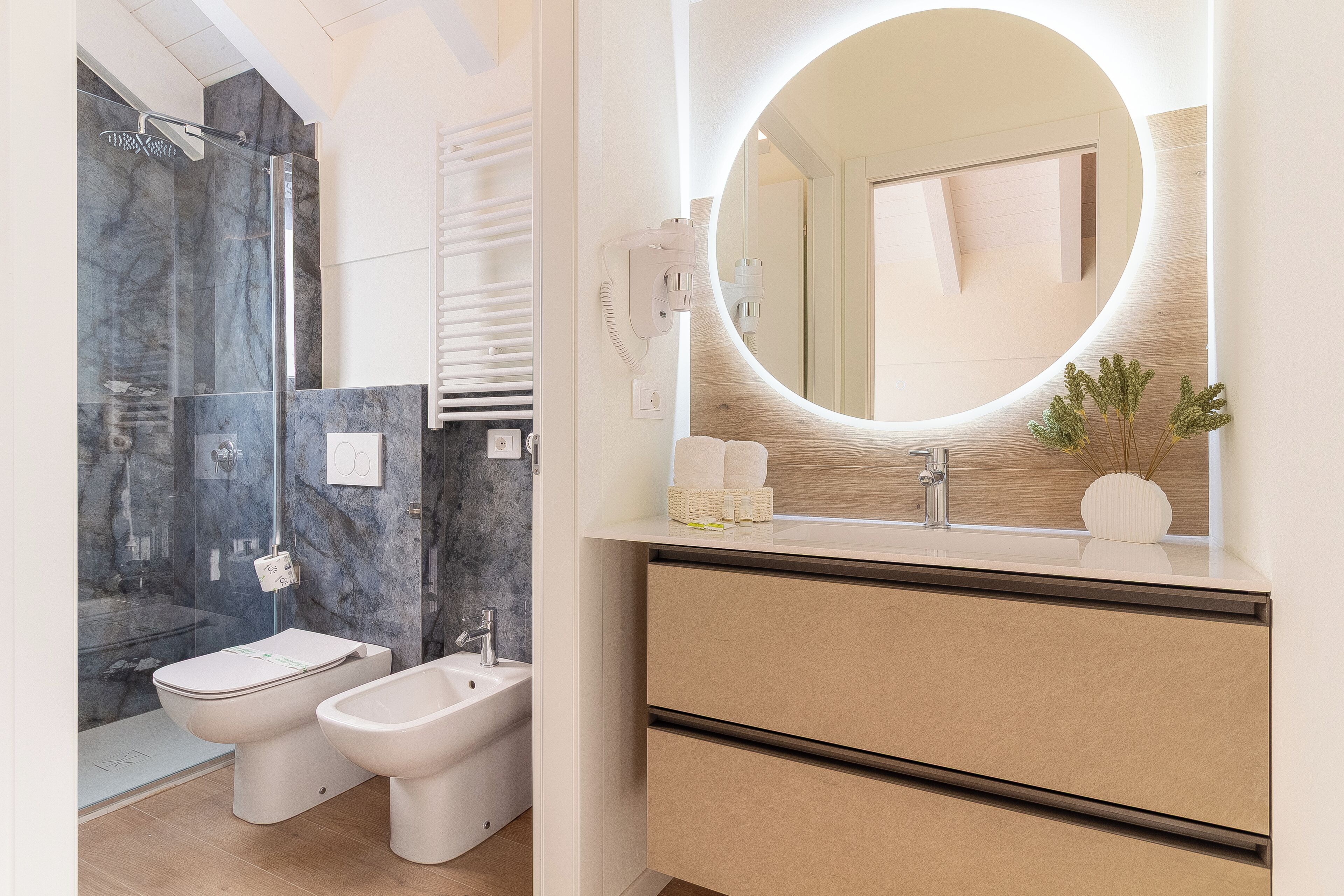 Shower, hair dryer, bidet, towels