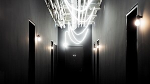 A hallway with a modern light fixture, a door labeled '306', and a carpeted floor. - ALPAMI Glockenbach  (Munich)