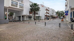 Una calle empedrada con edificios modernos, una palmera y una señal de paso de peatones.