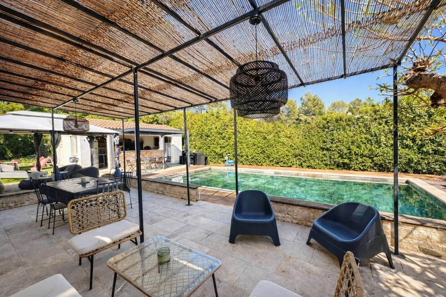 terrace, swimming pool, pool house, dining table