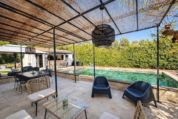 terrace, swimming pool, pool house, dining table