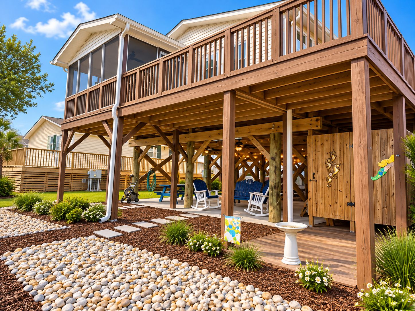 A wooden deck with outdoor seating, a covered area, and a view of a house in the background.