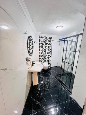 Douche, sèche-cheveux, chaussons, serviettes fournies