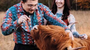 A man and a woman interacting with a large, horned animal in a natural setting.