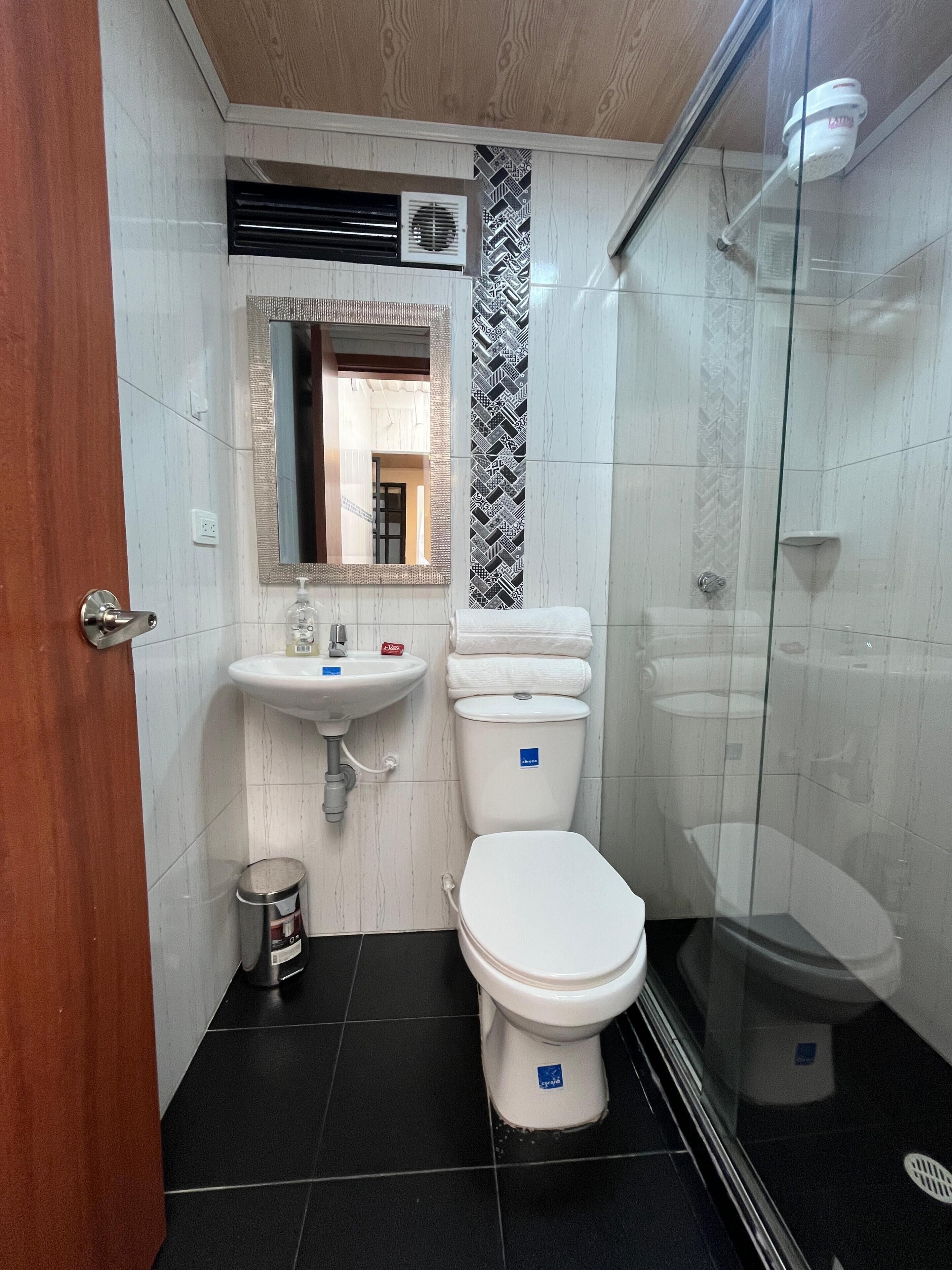 Un baño con inodoro, lavamanos y ducha.