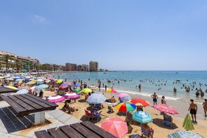 A beach with numerous umbrellas and people. - Bohemian Nights by Fidalsa (Torrevieja)