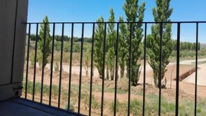 Een balkon met een metalen hekwerk met uitzicht op een landschap met bomen en een onverhard pad.
