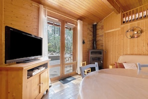 Une cabane en bois équipée d’une télévision, d’une cheminée, d’un lit et offrant une vue sur l’extérieur.