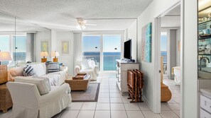 Condo, Multiple Beds, Balcony, Ocean View (BeachCrest 1202) | Living area - 12th-floor Gulf Views w/ Private Beach + Free Tickets: Dolphin Cruise & More! (Santa Rosa Beach)