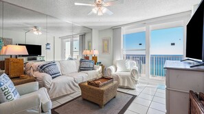 Condo, Multiple Beds, Balcony, Ocean View (BeachCrest 1202) | Living area - 12th-floor Gulf Views w/ Private Beach + Free Tickets: Dolphin Cruise & More! (Santa Rosa Beach)