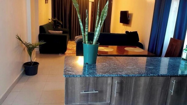 A living area with a sofa, a coffee table, and a potted plant.
