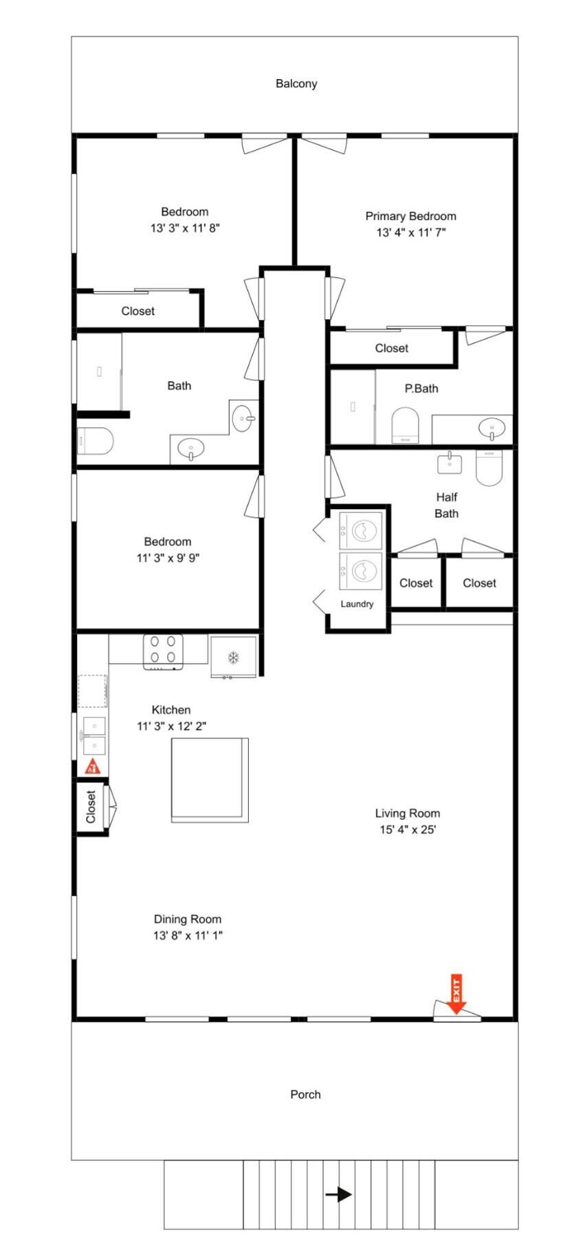A floor plan of a hotel with a balcony, two bedrooms, a bathroom, a kitchen, a dining room, a living room, and a porch.