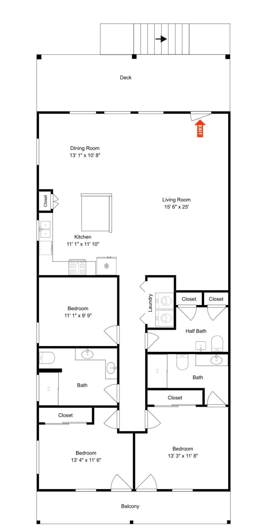 Un plan d’étage d’un hôtel comprenant une salle à manger, un salon, une cuisine, plusieurs chambres, des salles de bain, des placards et un balcon.