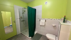 A bathroom with a glass shower enclosure, a toilet, and a sink. - Sea and mountain view studio, new and comfortable (Saint-Paul)