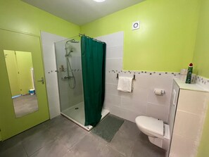 Dusche, Haartrockner, Handtücher, Toilettenpapier
