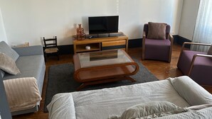 A living room with a sofa, armchair, coffee table, TV stand, and a chair. - Intimate duplex apartment in village center (Bois-le-Roi)