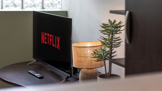 A television with the Netflix logo, a remote control, a lamp, and a small plant on a table. - Green Botanical House with Free Parking (San Giorgio di Piano)