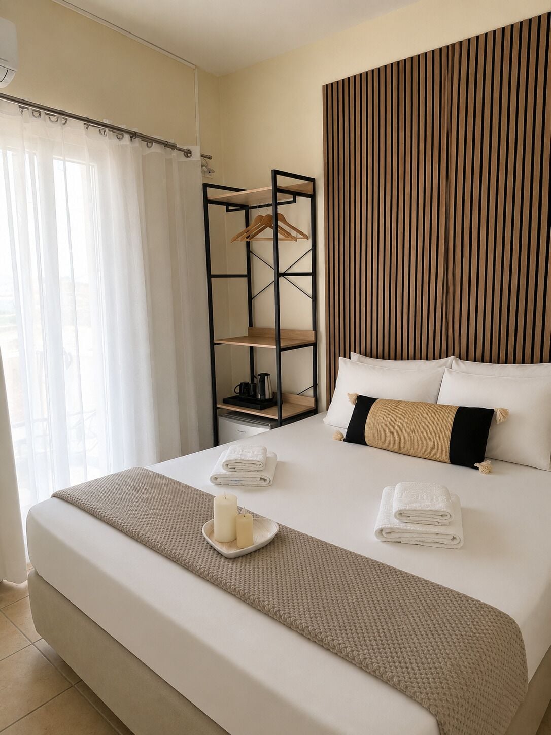 Una habitación de hotel con una cama, un panel de pared de madera, un estante metálico y una ventana con cortinas traslúcidas.