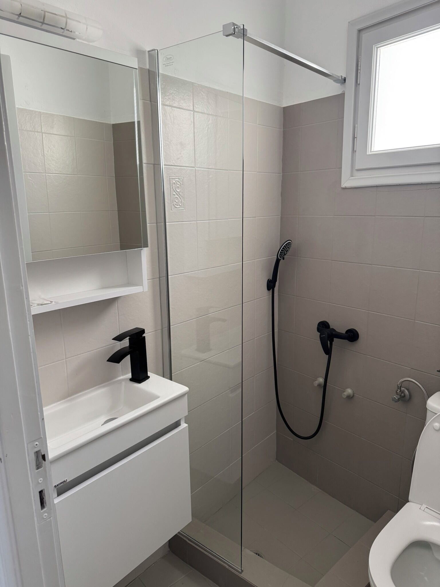 A bathroom with a glass shower enclosure, a white sink, and a toilet.