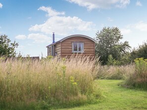 Eenlaags houten huis met schoorsteen, omringd door hoog gras en bomen.