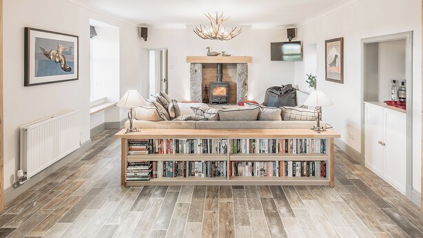 Un salon avec une cheminée, des étagères à livres et un téléviseur.