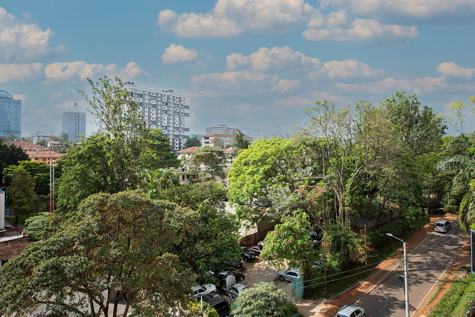 A residential area with trees, parked cars, and a road.