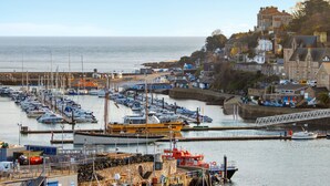 A marina with multiple boats docked, a bridge, and buildings in the background. - Prime central location at Harbour Heights in Brixham (Brixham)