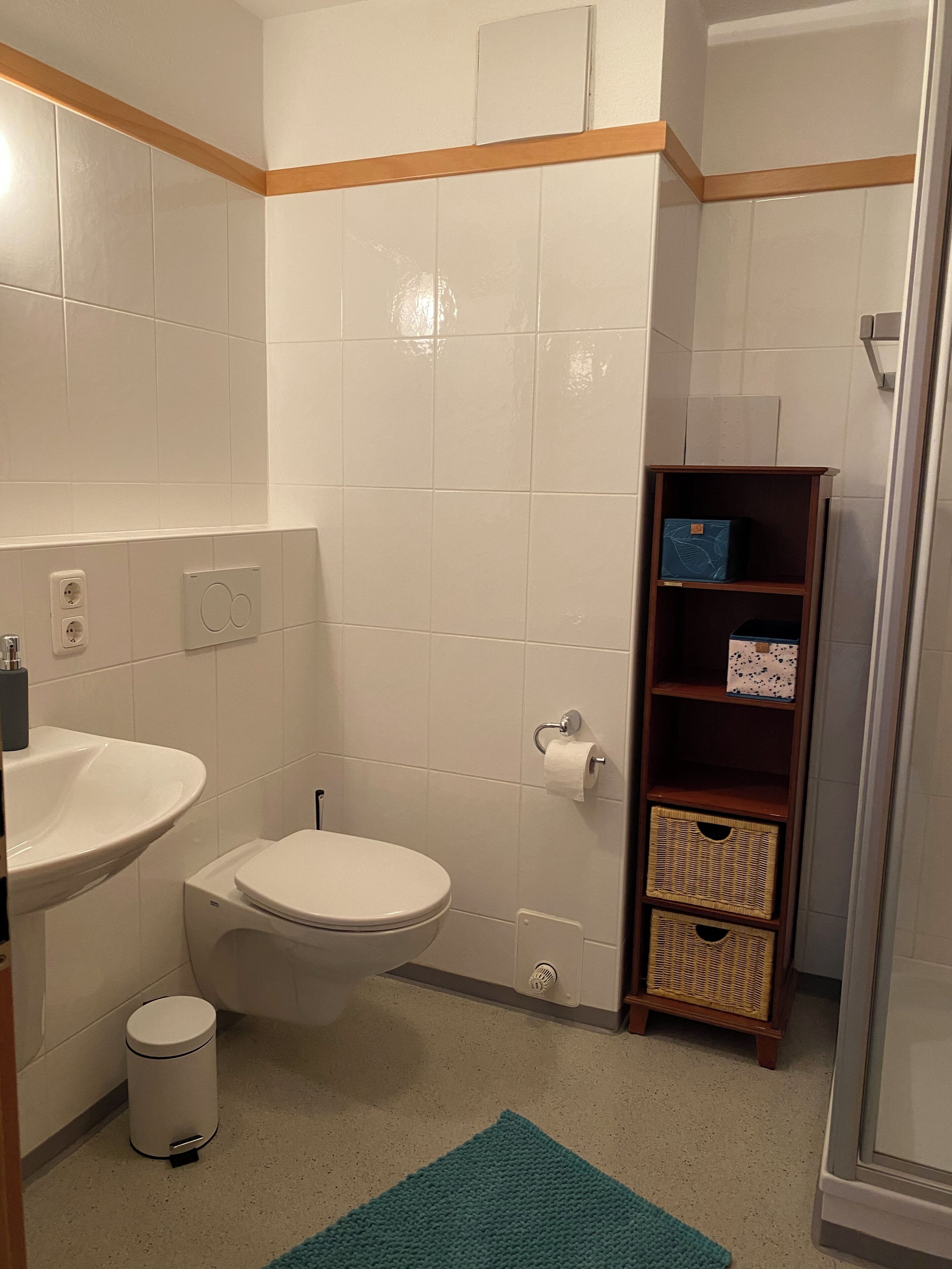 Dusj, hårføner, håndklær og toalettpapir