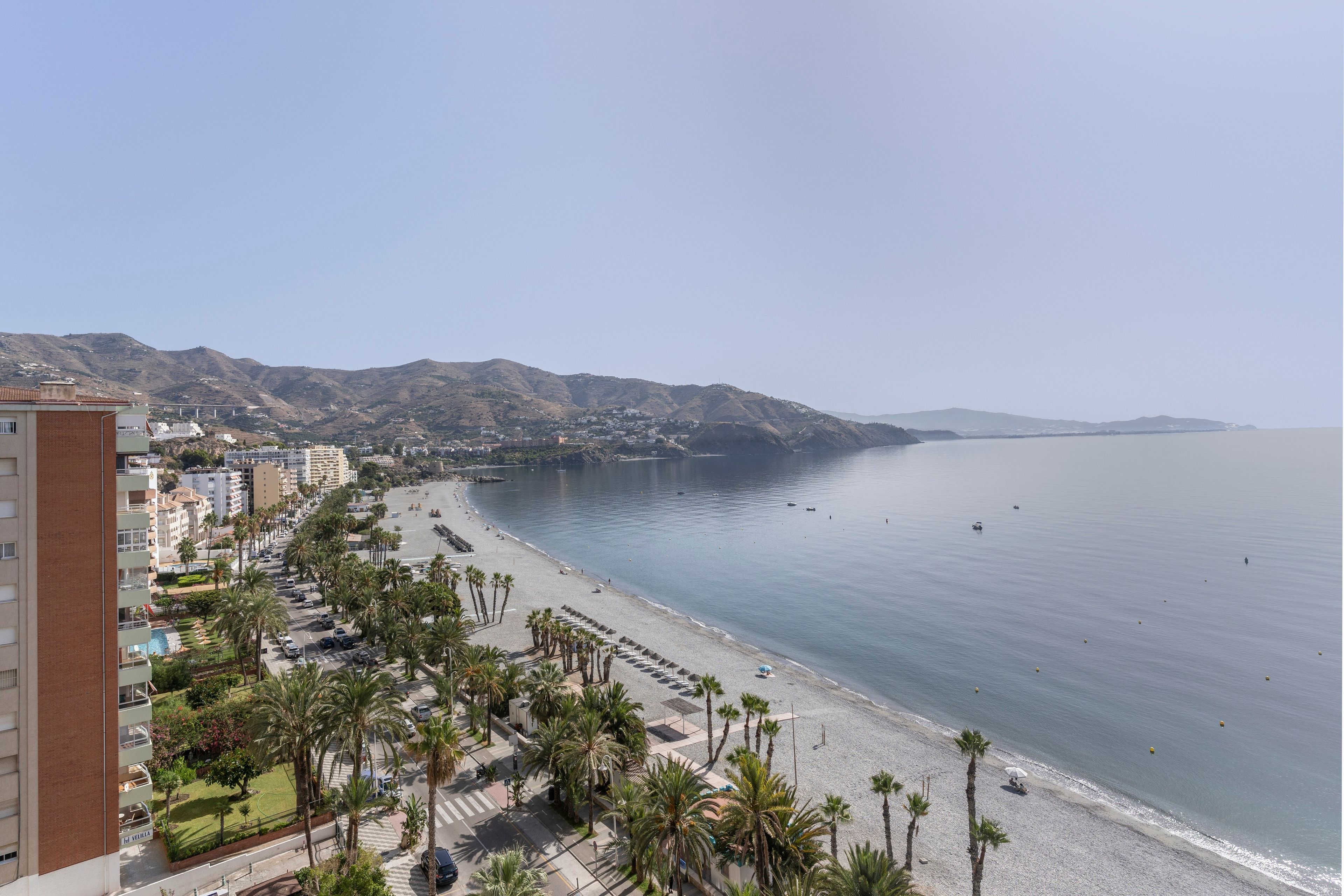 Un paisaje urbano costero con playa, edificios y palmeras.