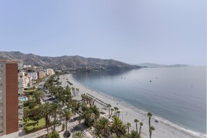 Un paysage urbain côtier avec une plage, des bâtiments et des palmiers.