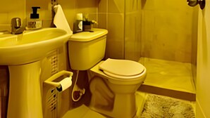 A bathroom with a sink, toilet, and shower. - 802 santa elena (Medellín)