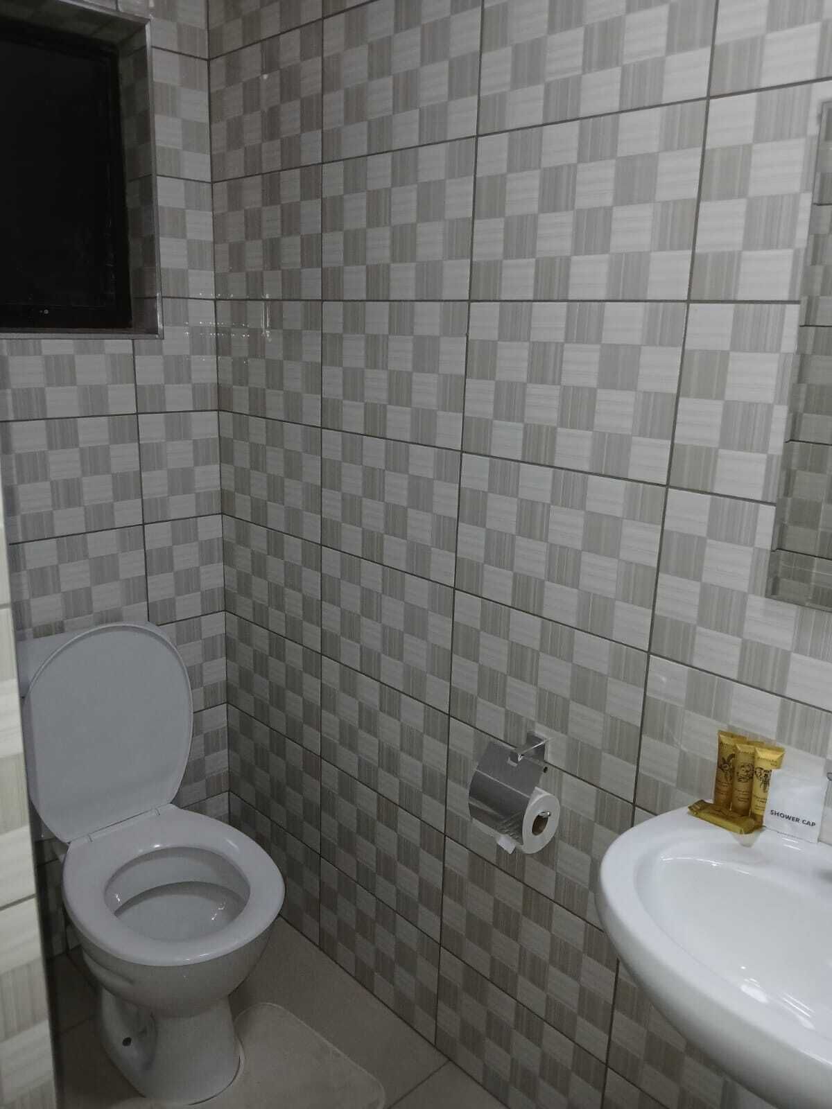 A bathroom with a toilet, a sink, and a shower area.