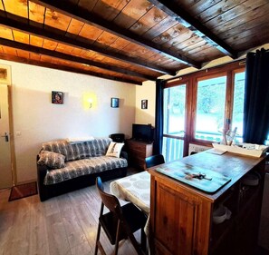 A cozy room with a wooden ceiling, a sofa, a small table, and a window with curtains. - 100m from resort center, 1st floor, balcony, tv, ski locker, 25m², Pra Loup (Pra Loup)