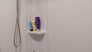 Een douche met een handdouche, een zeepdispenser en een shampoo flacon op een plank.