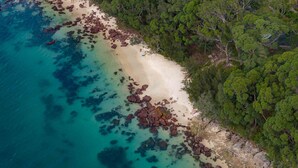 Vista aérea de una playa con aguas turquesas cristalinas, costa rocosa y densa selva verde.
