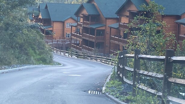 Una serie di edifici in stile baita di legno con numerosi balconi, una strada tortuosa e uno sfondo boscoso.