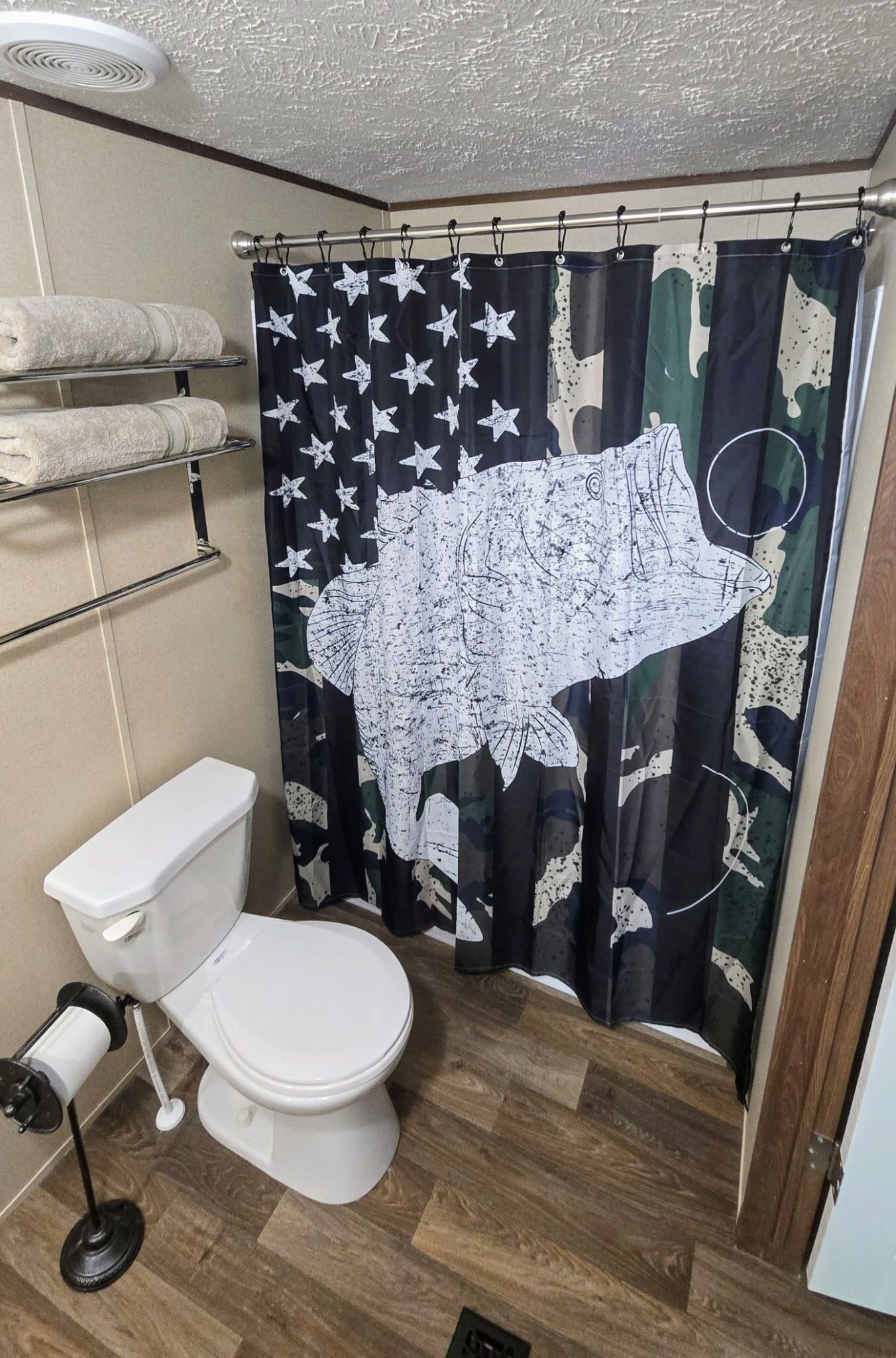 Hair dryer, towels, soap, toilet paper