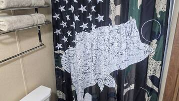 Hair dryer, towels, soap, toilet paper