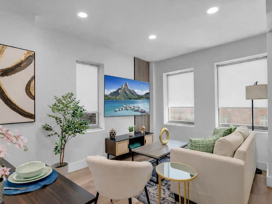 Comfort Apartment, 1 Queen Bed, Non Smoking, Kitchen | Living area | 65-inch Smart TV with digital channels, Netflix, Hulu