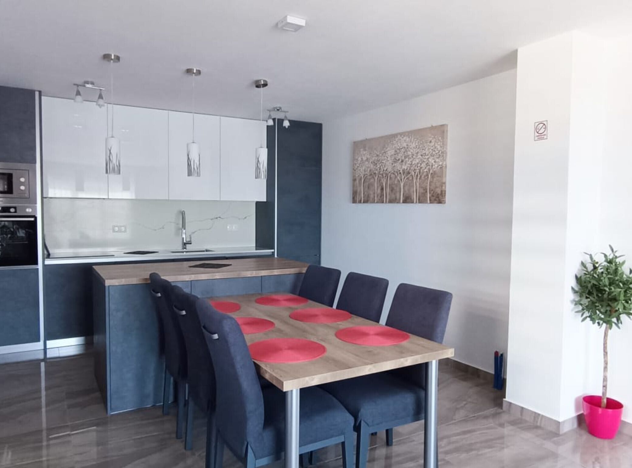 A modern kitchen with a dining area, including a table with chairs and a potted plant.