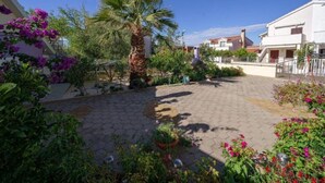 A courtyard with a palm tree, potted plants, and a paved walkway. - Apartments Milka Vodice - Studio Apartment with Terrace (Vodice)