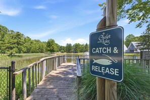 Une jetée en bois mène à un lac, et un panneau indique qu’il s’agit d’une zone de pêche où les poissons sont capturés puis relâchés.