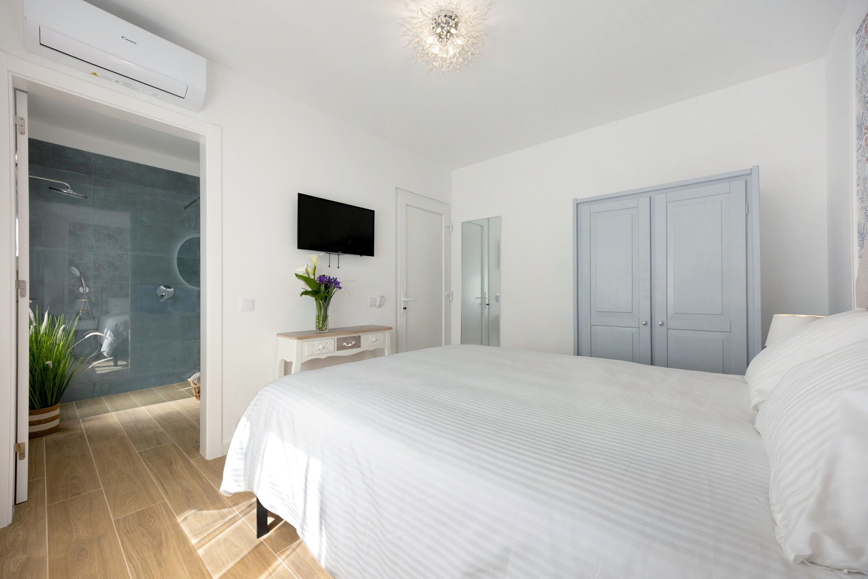 A bedroom with a large bed, a TV mounted on the wall, a wardrobe, and a shower area.