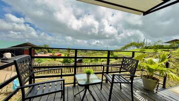A wooden deck with a glass table and chairs, overlooking a green landscape with houses.