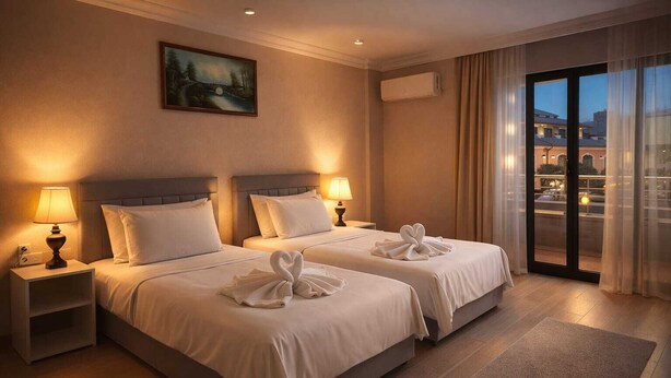 Habitación de hotel con dos camas, un cuadro en la pared, un equipo de aire acondicionado y vistas a través de un ventanal.