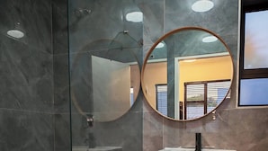 A modern bathroom with a glass-enclosed shower, a wooden vanity, and a round mirror. - Room-king Deluxe Apartment-style Room (Cape Town)
